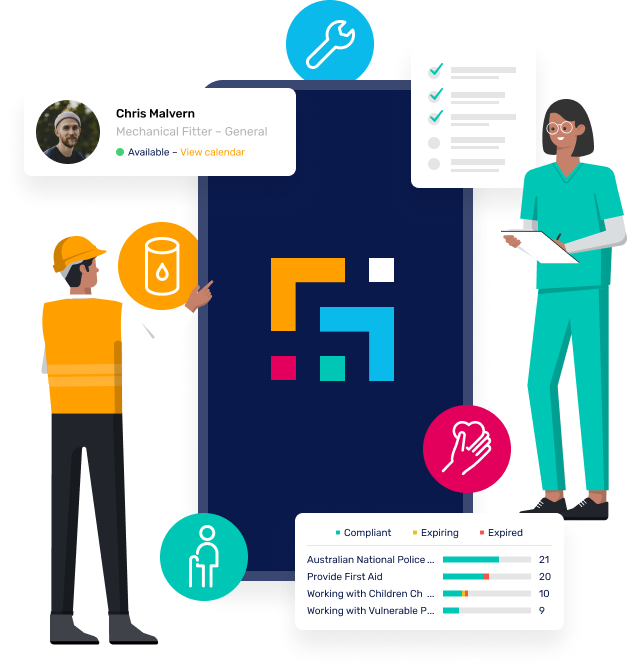 A man wearing high-vis and a hard hat is pointing. A woman wearing scrubs is ticking off a checklist. There is a dashboard showing the expiry dates of worker compliance documentation. There is a worker profile for a mechanical fitter called Chris Malvern whose MyPass profile shows him as available.